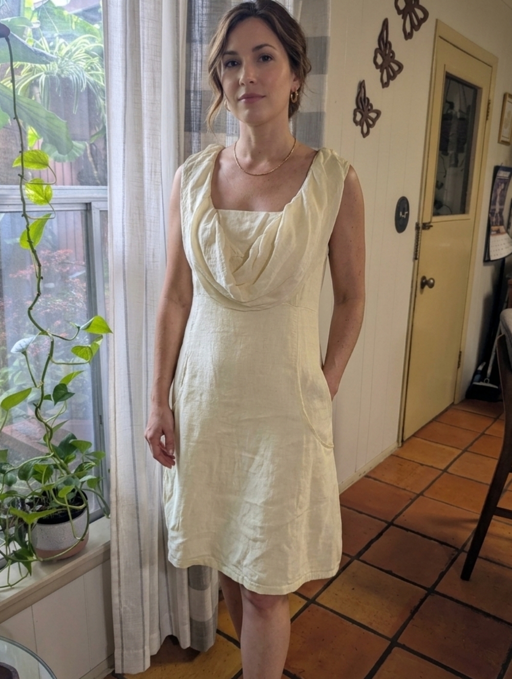 Lola Made In Italy Cowl Neck Sleeveless Yellow Linen Dress.